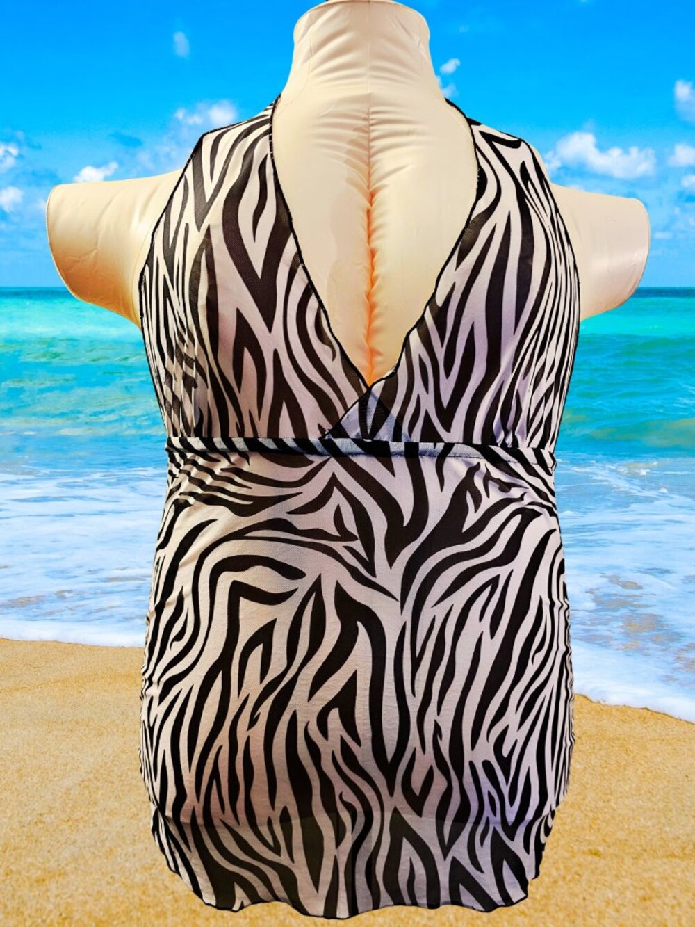 Zebra Print Halter Swim Dress Backless Tie Beach Cover-Up XL